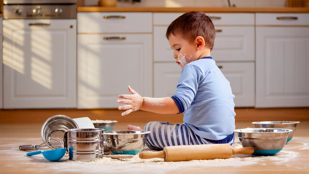 Mischievous toddler boy sitting on the kitchen floor covered in flour and playing with baking utensils, side view.