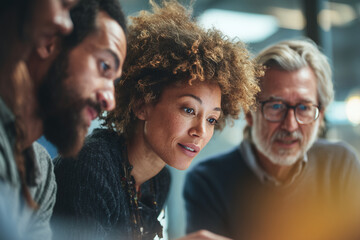 Diverse team collaborating intensely around a laptop in a modern office — creative brainstorming, mentoring, and problem-solving together