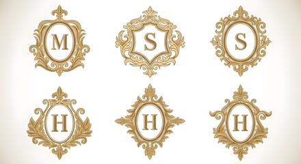 Elegant monogram emblems featuring ornate golden frames and decorative flourishes