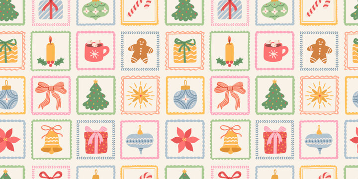 Christmas cute seamless pattern. Hand drawn Xmas tree, gifts, bows, candy cane, baubles, gingerbread in decoration frames. Holiday vintage mosaic background, vintage patchwork, Xmas wrapping paper. 