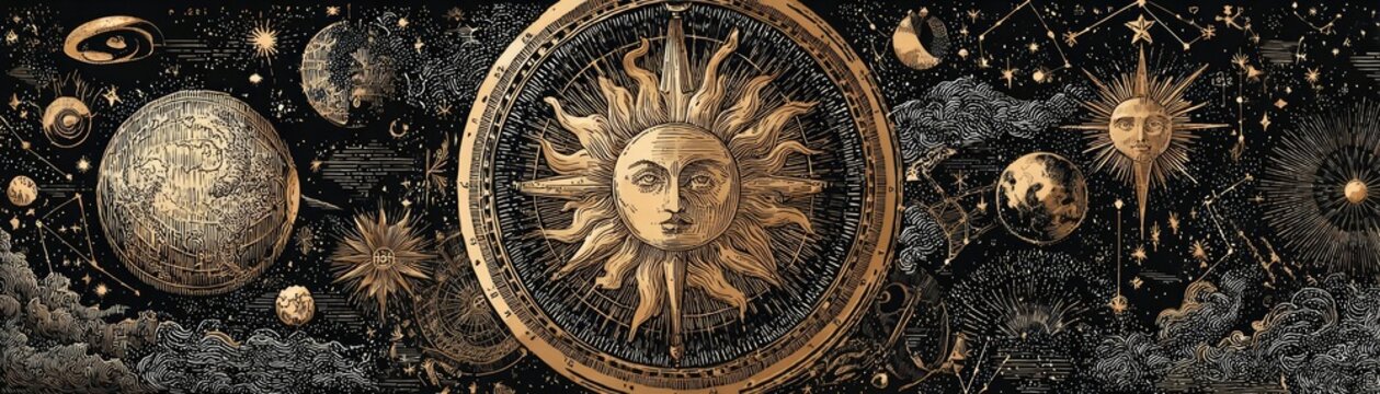 Drawing of golden stars moon planets constellations on black concept. Celestial artwork depicting sun, planets, and stars in space.