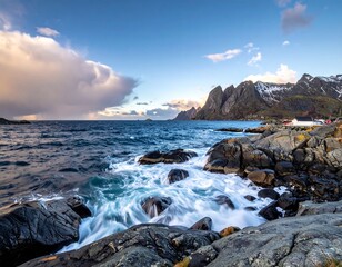 Obraz premium Coastal landscape featuring a rocky shore and mountains under a dramatic sky