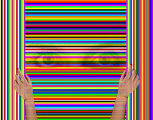 Surreal Eyes Behind Color Stripes – Conceptual Vision and Hidden Emotions
A surreal composition with two eyes appearing through colorful horizontal stripes as hands gently open the field of color.