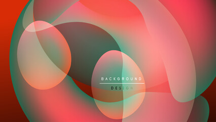 Abstract design features overlapping translucent circles. Colors blend from red, green, to peach against black backdrop. Modern, dynamic composition.