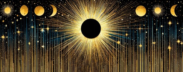 Drawing of golden stars moon planets constellations on black concept. A stunning artistic depiction of lunar phases and solar eclipse.