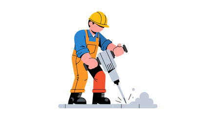 Fototapeta premium Construction Worker Using a Jackhammer with a Yellow Hard Hat on Black Background