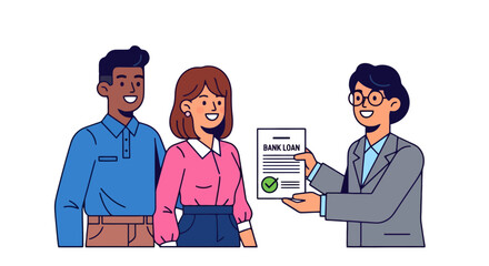 Fototapeta premium Couple Approved Bank Loan: Financial Advisor Presenting Loan Confirmation Document