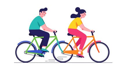 Fototapeta premium Couple Cycling Together Against A Black Backdrop In A Colorful And Modern Illustration