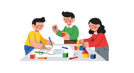 Children Cooperatively Creating, Drawing, And Building Together, Learning and Developing Skills