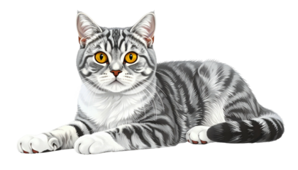 Silver tabby cat with yellow eyes lying down on a transparent bg