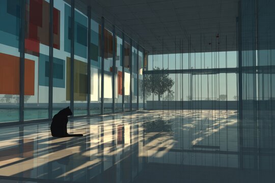 Feline curator: cat's interaction with rotating art pieces. Pand