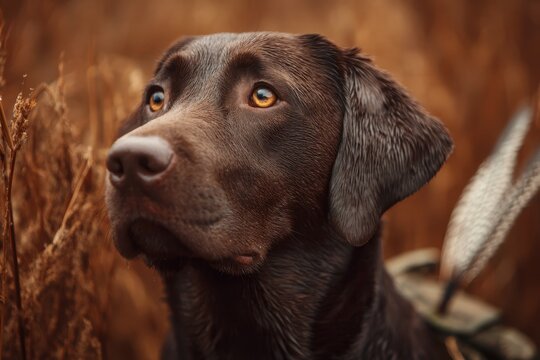 Chocolate brown Labrador retriever focused on game while hunting in a field of tall golden grass during a crisp autumn afternoon