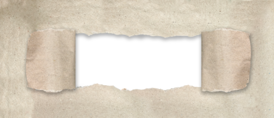 Horizontal light brown paper, revealing a smooth, transparent space in the center. Edges torn paper are rough and naturally ragged. Sections of paper peeled back and copy space