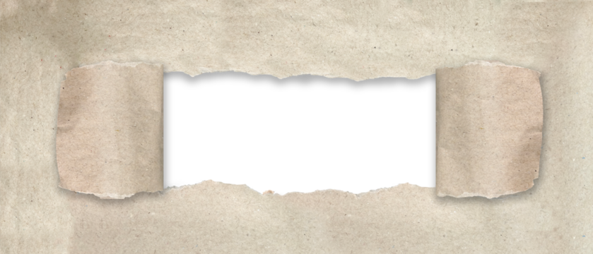 Horizontal light brown paper, revealing a smooth, transparent space in the center. Edges torn paper are rough and naturally ragged. Sections of paper peeled back and copy space