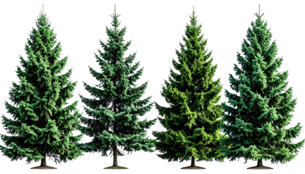 Four fir trees standing tall, varying green shades, isolated
