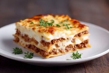 Festive lasagna served on a clean white plate with herbs