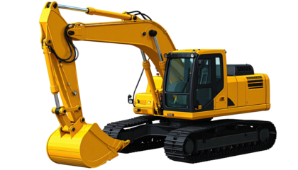 Excavator yellow construction vehicle with tracks, arm, and bucket