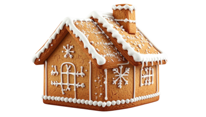 Festive gingerbread house decorated with icing snowflakes