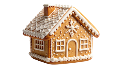 Ornate gingerbread house with white icing details, isolated