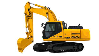 Yellow excavator with tracks, side view on a solid background