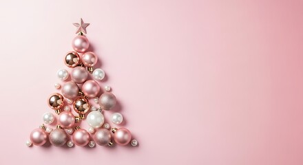 Illustration of christmas tree made of pink and gold ornaments on pink colored background