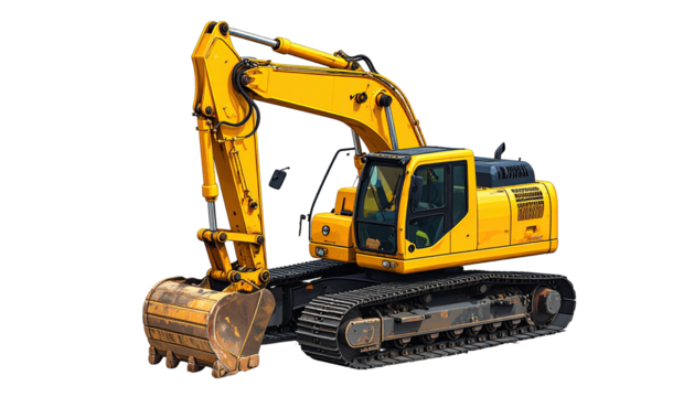 Yellow excavator with tracks and long arm on dark backdrop