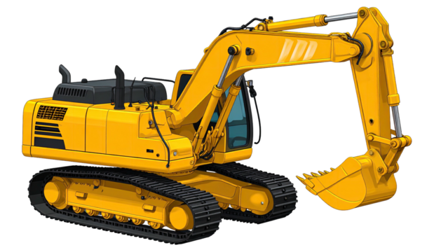 Cartoon yellow excavator with black treads against a black background