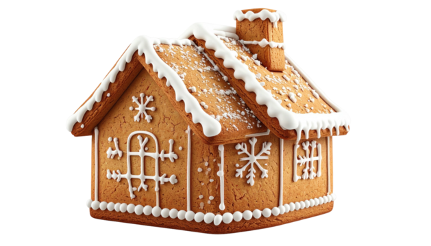 Festive gingerbread house decorated with icing snowflakes