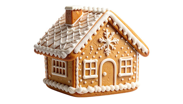 Ornate gingerbread house with white icing details, isolated