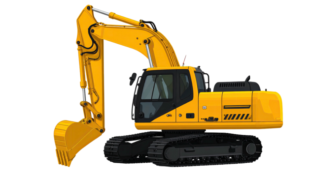 Yellow excavator with tracks, side view on a solid background
