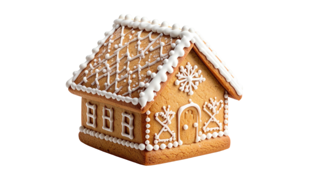 Cute gingerbread house with white icing details against black