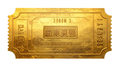 Embossed golden ticket with fictional characters in the center