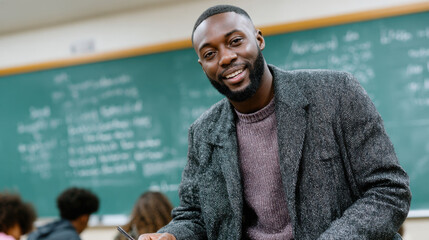 Smiling black male teacher in classroom teaching students
