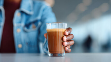 Person holding glass of coffee with crema