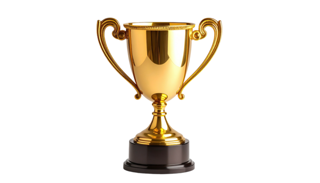 Gleaming gold trophy with ornate handles on a dark stand