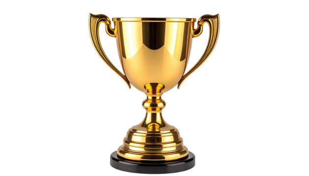 Gleaming golden trophy with handles, atop a black base