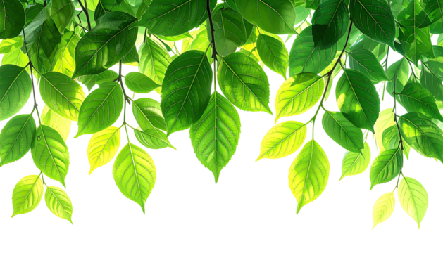Lush green foliage hangs down, highlighted by sunlight