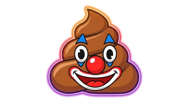 Funny clown poop emoji cartoon with big smile colorful eyes and red nose illustration