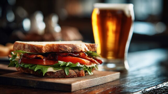 A dark wood table, sandwich and glass of cider beside