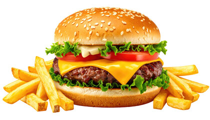 Juicy burger with cheese, tomatoes, lettuce, and golden fries