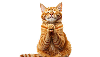 Ginger cat sits, paws together, eyes closed in a prayerful pose