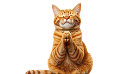Ginger cat sits, paws together, eyes closed in a prayerful pose