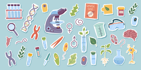 Set of genetic and biological science elements isolated on white background. Vector flat cliparts.