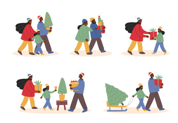 Fototapeta premium Flat vector cliparts of a happy family getting ready for Christmas. Concept of holiday mood and family togetherness. People illustration.