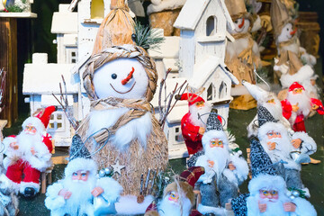 European Christmas market stall with different gifts