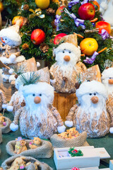 European Christmas market stall with different gifts