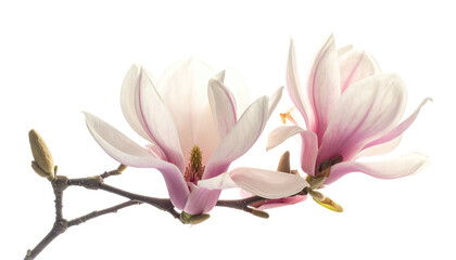 Two pink-tinged magnolia blossoms branch gracefully