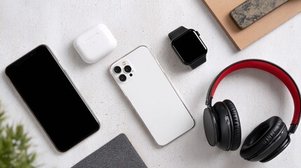 Flat lay of smartphones and headphones for Cyber Monday shopping deals
