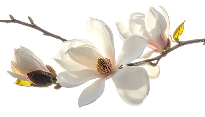 Open white magnolia blooms on a twig against a dark background