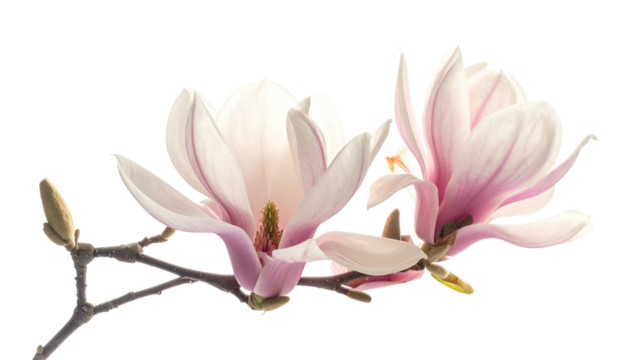 Two pink-tinged magnolia blossoms branch gracefully - Powered by Adobe